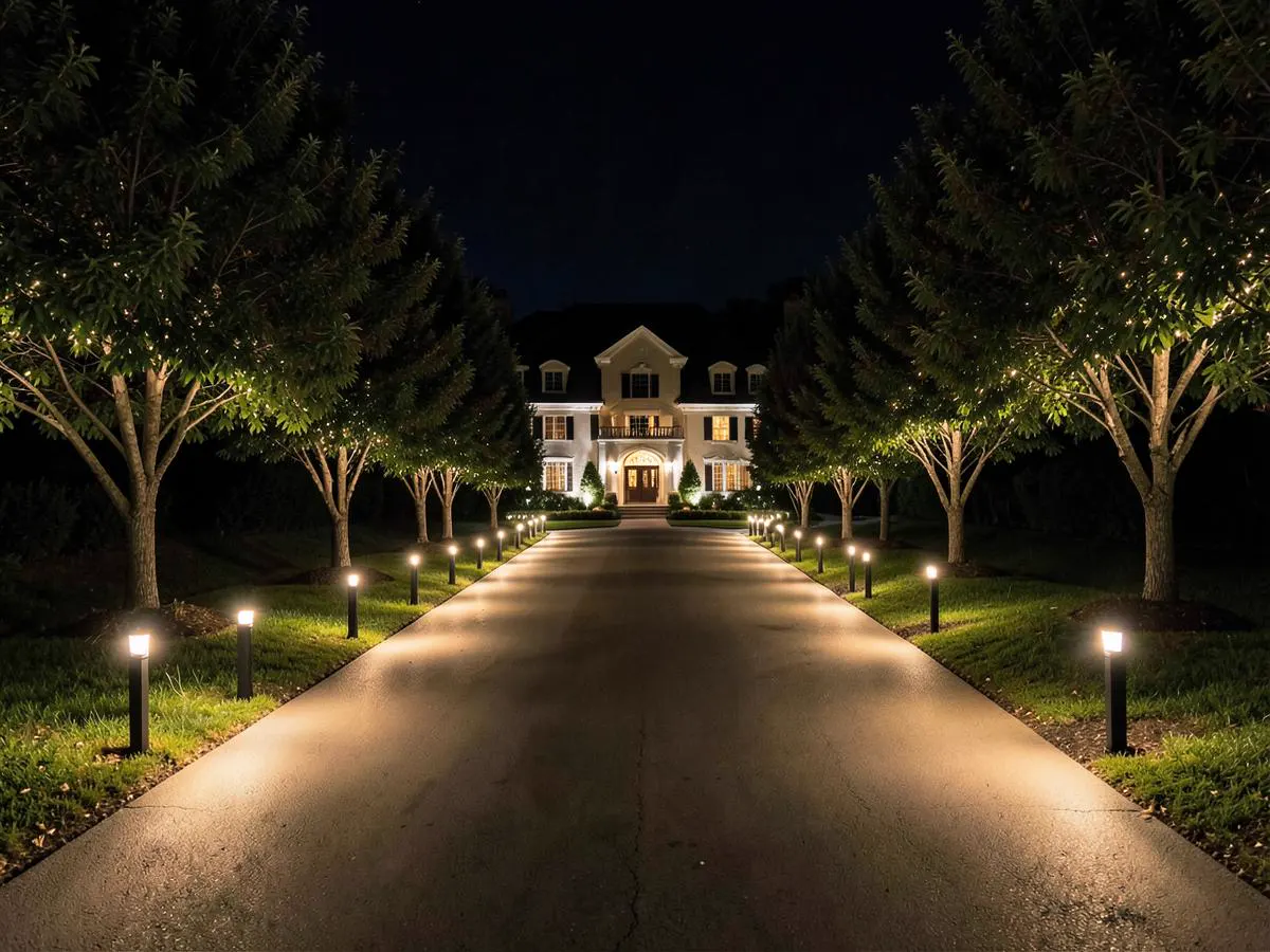 Driveway lined with warm white path lights leading to a lit home