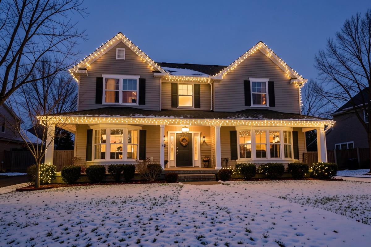 Warm white C9 roofline lighting on a two-story home at dusk