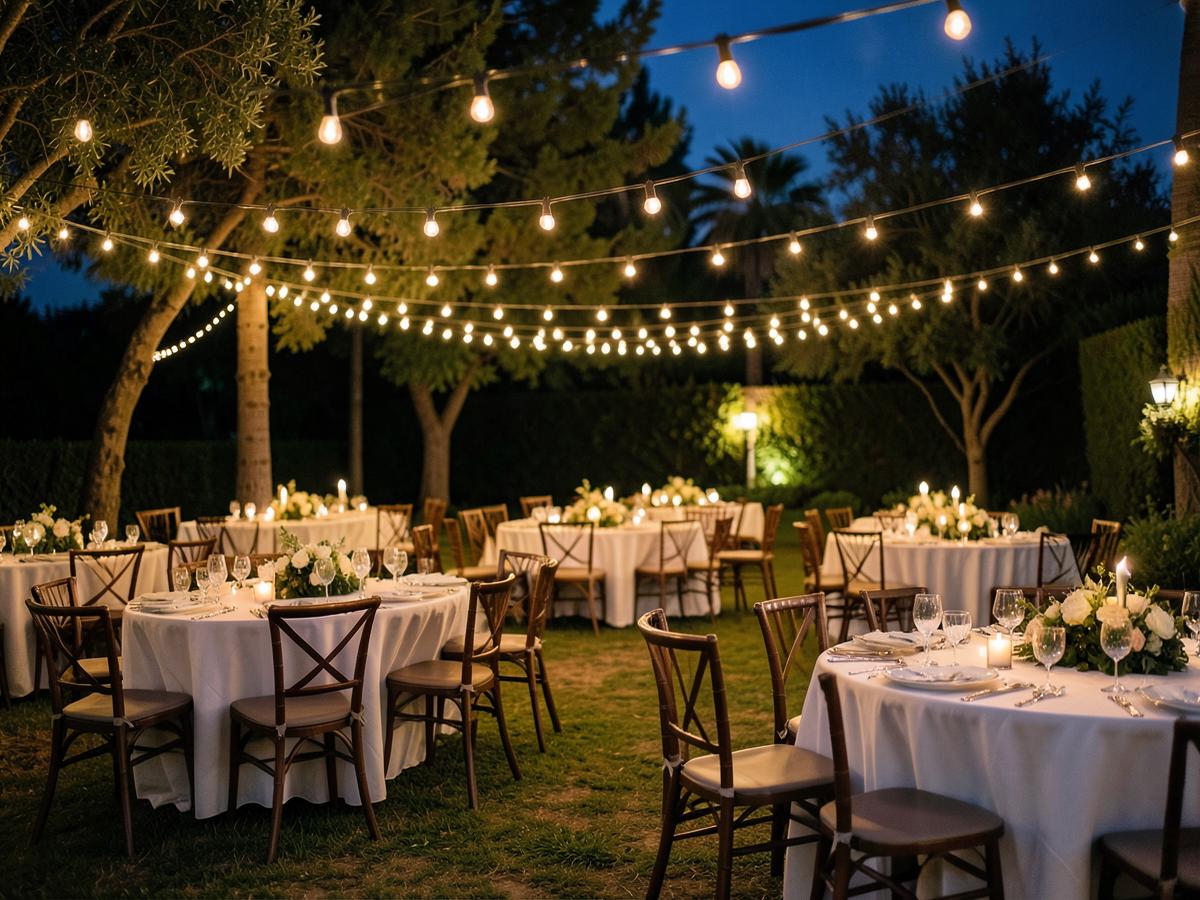 Outdoor event space lit with professional bistro string lighting