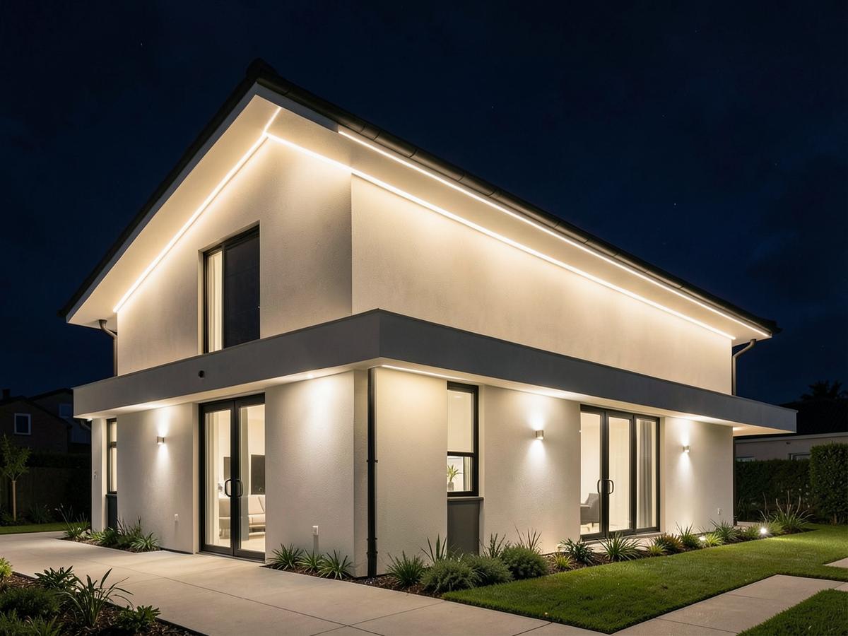 Modern home with permanent architectural roofline lighting at night